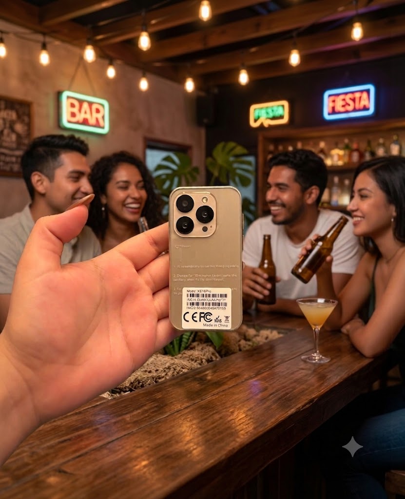 Mini iPhone dorado en un bar